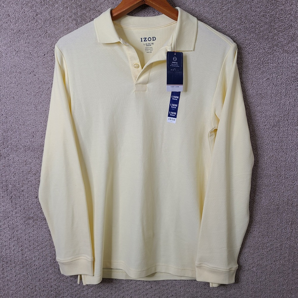 Izod Shirt Kids L 14/16 Yellow Polo Regular Fit Cotton‎ Blend Long Sleeve NEW